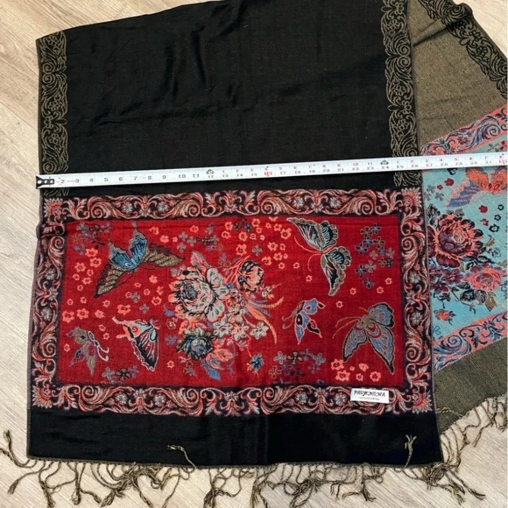 Pashmina, Red, Blue and Olive Colorblock Scarf Butterfly Pattern